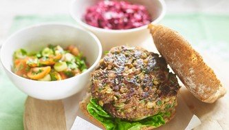 Beef burger, with tomato Salsa and apple beetroot coleslaw