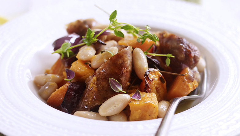 Sizzling Sausage, Beans and Sweet Potato Bake