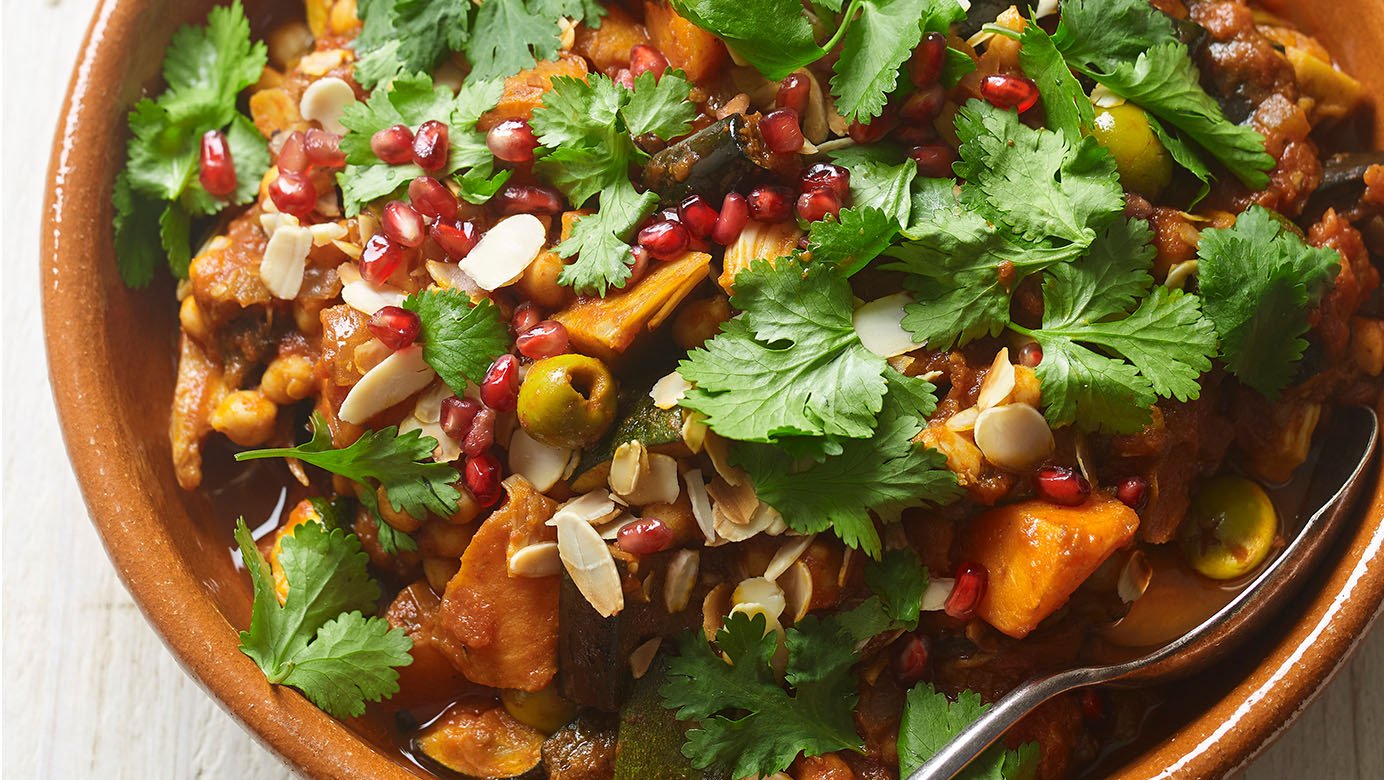 January – Jackfruit tagine with pomegranate and flaked almonds