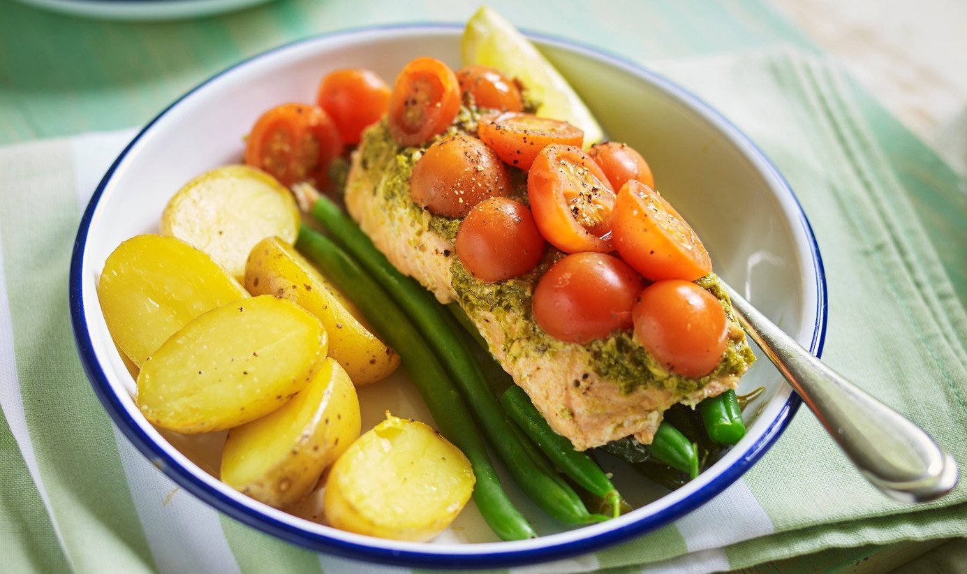 Salmon, pesto, bean and tomato parcels