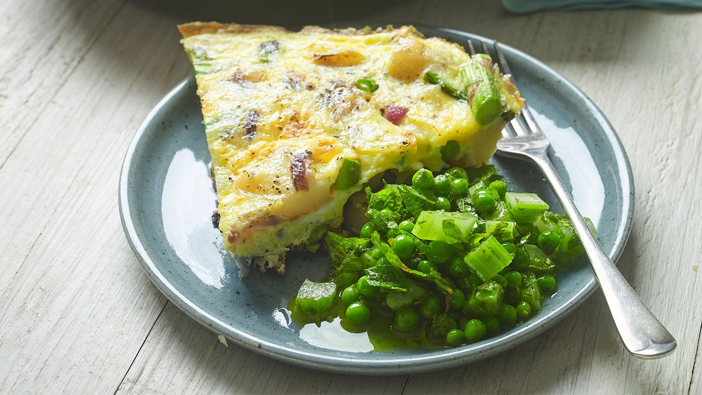 May – Asparagus and new potato frittata with garden pea salad