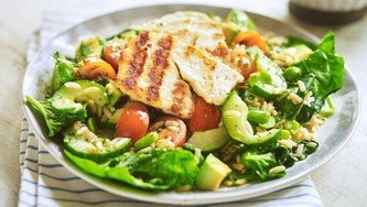 Grilled halloumi with nutty brown rice salad