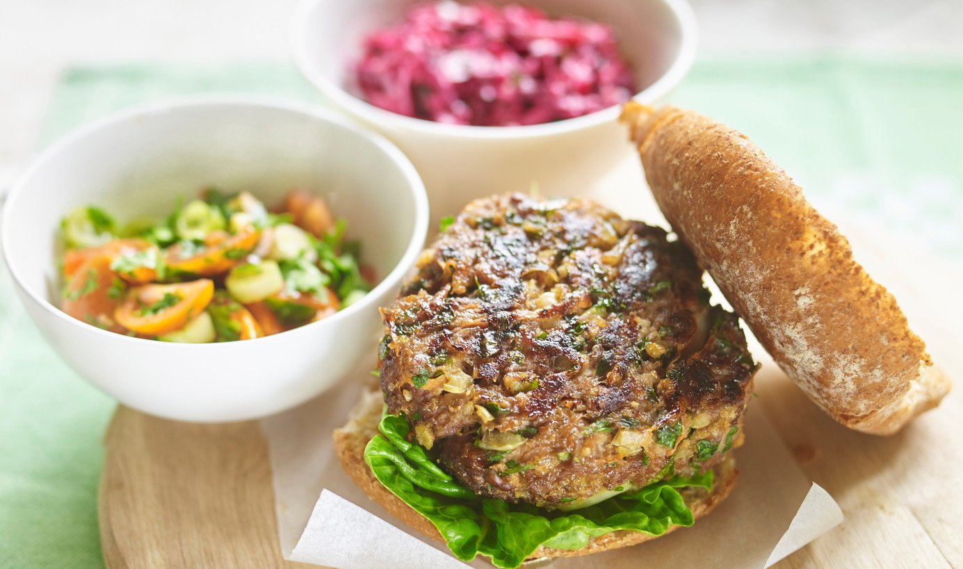 Beef burger, with tomato Salsa and apple beetroot coleslaw