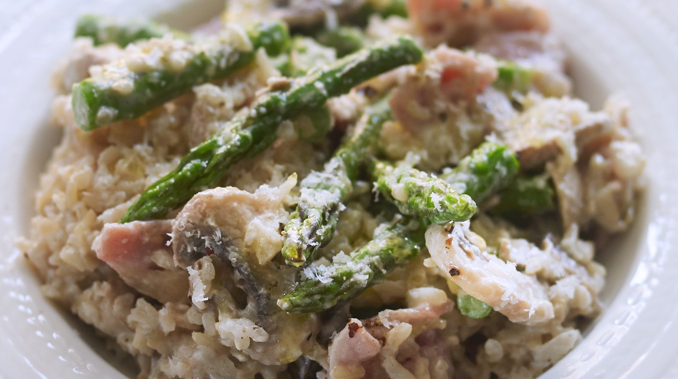 Mushroom, asparagus and bacon risotto