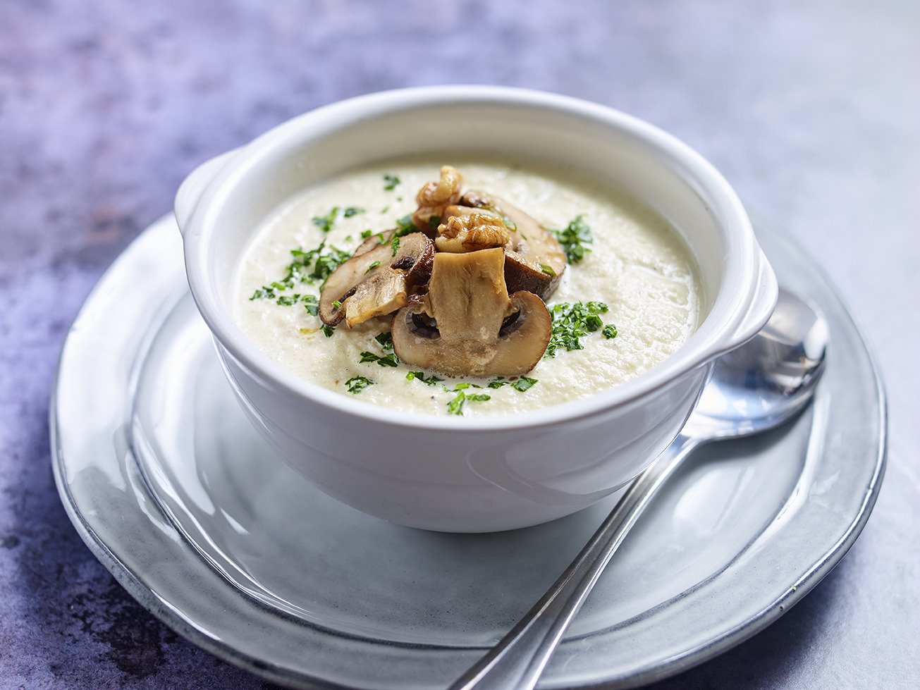 Keto Ready Cauliflower Soup topped with Mushrooms