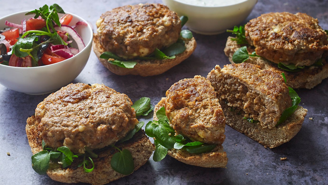 April – Greek lamb burgers with tzatziki and tomato salad