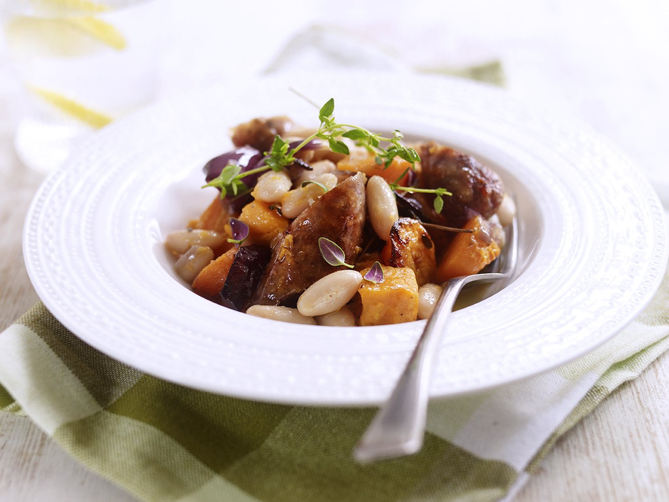 Sizzling Sausage, Full on Beans and Sweet Potato Bake