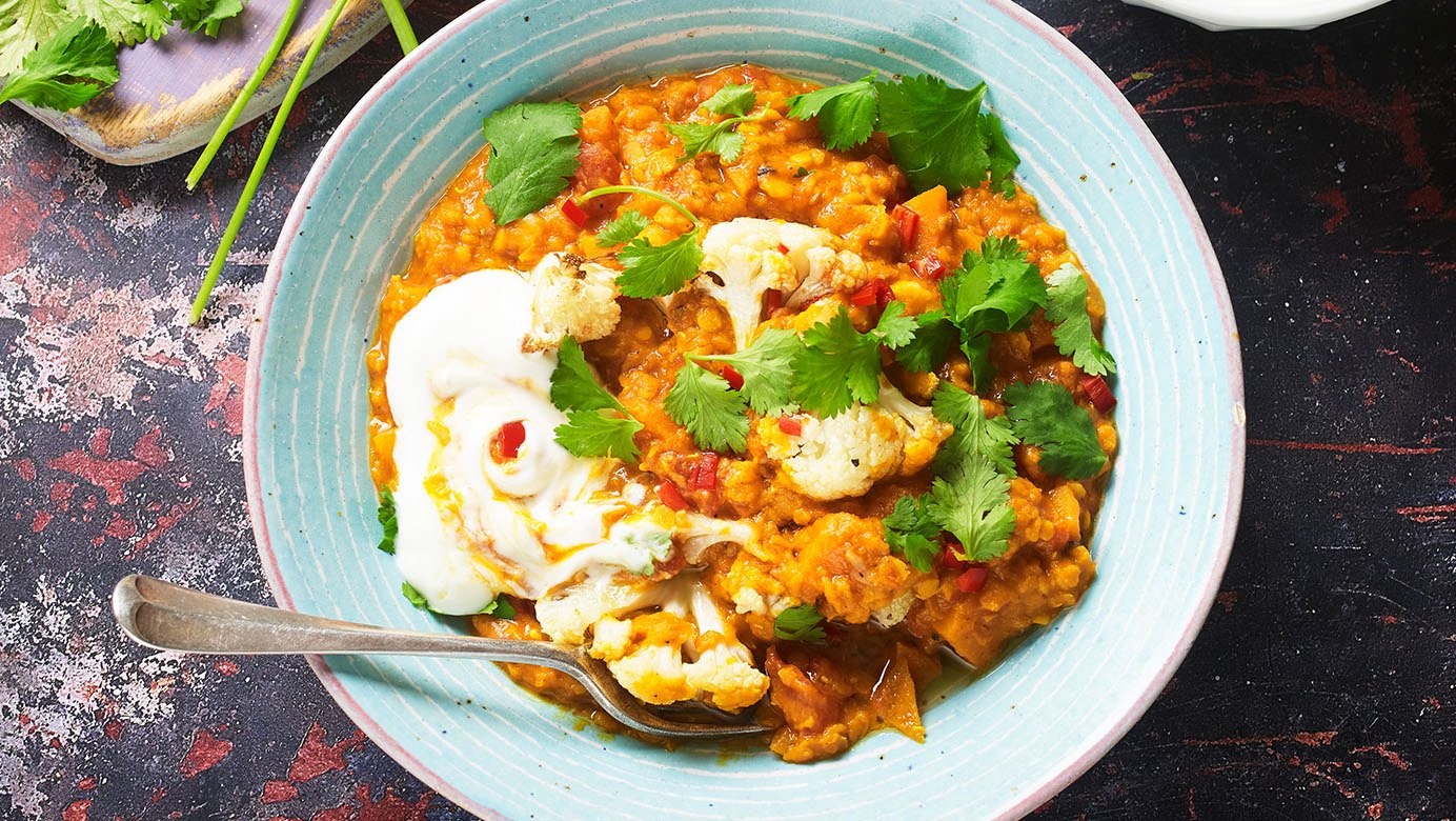 October – Cauliflower dahl with coriander and chilli yoghurt