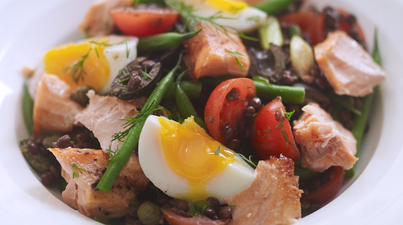 Salmon and lentil nicoise salad