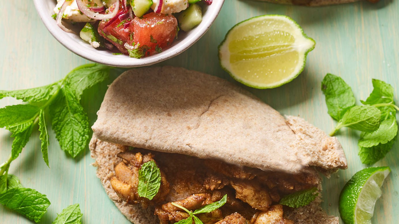 July - Chicken Shawarma with watermelon, mint and feta salad