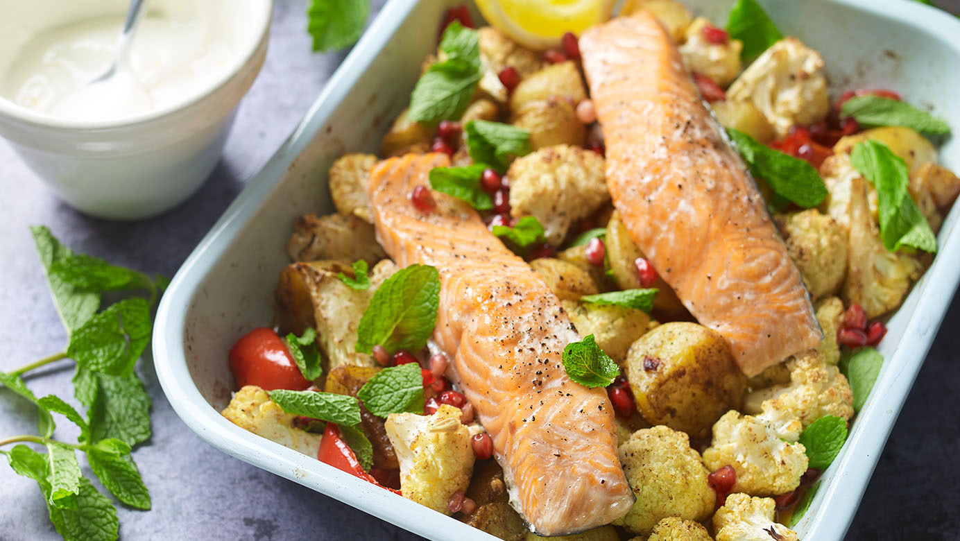 March – Middle eastern salmon tray bake